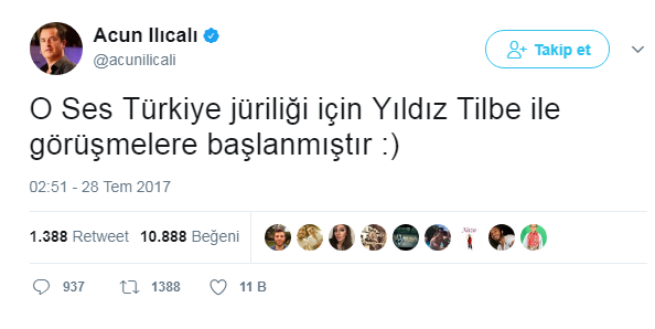 Yıldız Tilbe, özleyenleri mutlu   Acın Ilıcalı'nın kendi sosyal medya hesabı twitter'dan yaptığı paylaşımda Yıldız Tilbe'yi jüri olarak O Ses Türkiye yarışmasında göreceğini anlayan takipçileri çok olumlu dönüşler yaptı. Yorumlara bakıldığında uzun süredir ekranlarda görülmeyen Yıldız Tilbe'nin hayranları yeniden ekranlarda Tilbe'ye kavuşacakları için mutlu olduklarını belirtiyorlar. Magazin dünyasına bomba gibi düşen Acın Ilıcalı'nın paylaşımı birkaç saatte milyonlarca kişi tarafından hem beğenildi hemde paylaşıldı. 6 sezondur birinci olamayan bu sene birinci çıkarta bilen Hadise'nin kendi koltuğuna gelecek jüri üyesi Şarkıcı Yıldız Tilbe hakkında herhangi bir açıklama yada paylaşım yapmadığı biliniyor.