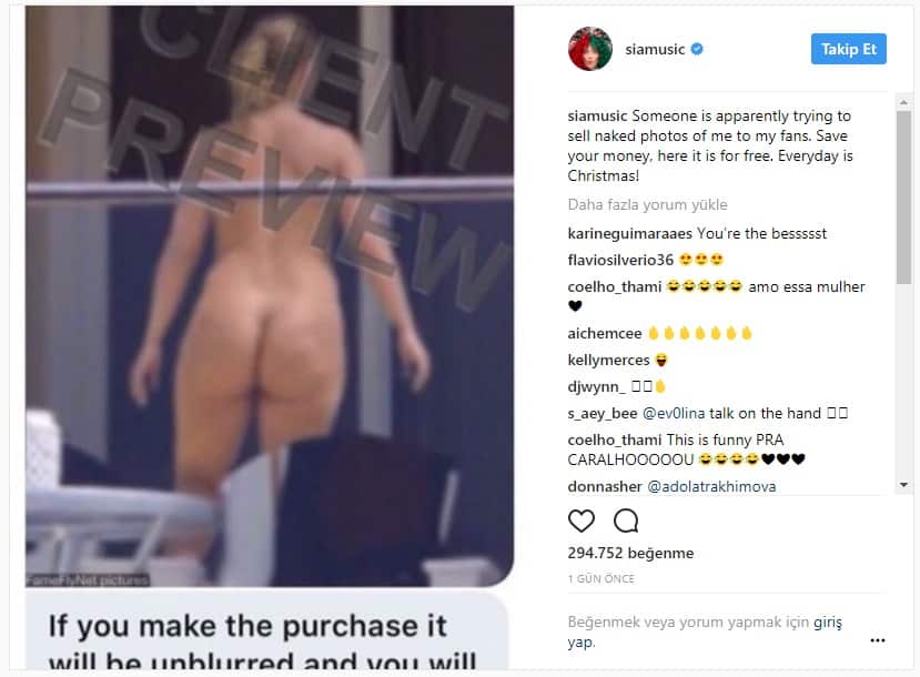 Sia Çıplak Fotoğrafını Paylaştı