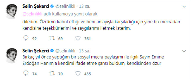 Ünlü Oyuncu Selin Şekerci, 3 Yıl Önceki Tweeti İçin Emine Erdoğan'dan Özür Diledi