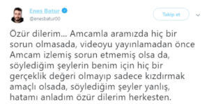 Amcasına Hakaret Eden Enes Batur Özür Diledi