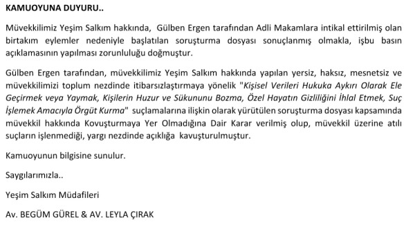 Yeşim Salkım Adına Kamuoyuna Duyuru