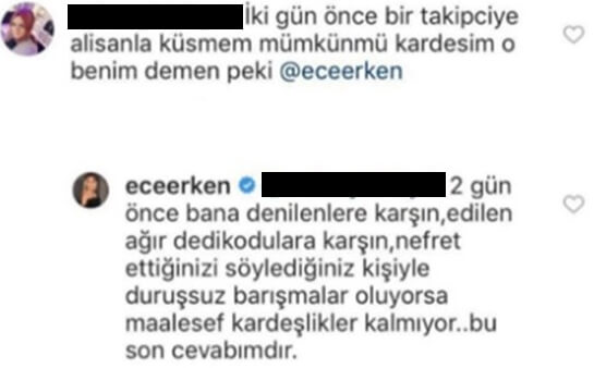 Ece Erken, takipçisine verdiği cevapla Alişan'a olan öfkesinin kolay kolay geçmeyeceğinin sinyalini verdi.