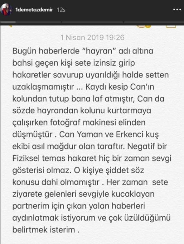 Can Yaman'ın Erkenci Kuş setini birbirine kattığı iddialarına Demet Özdemir'den açıklama geldi.