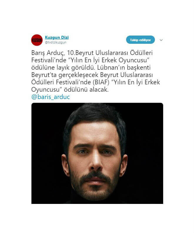 Başarılı Oyuncusu Barış Arduç'a Yurt Dışından Ödül