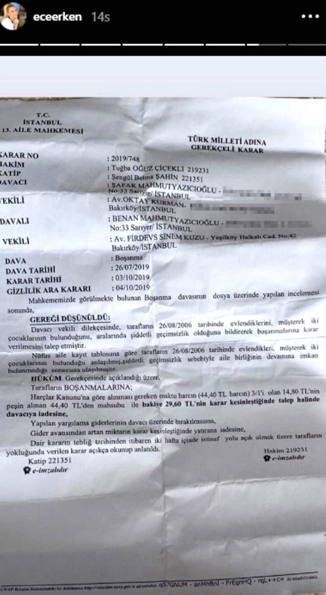 Ece Erken'in Paylaşdığı Boşanma Belgesi
