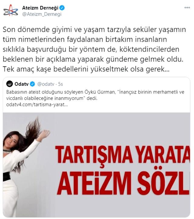 "İnançsız İnsan Vicdanlı Değildir" Diyen Öykü Gürman'a Ateizm Derneğinden Cevap Gecikmedi