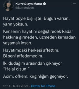 Kurretülayn Matur sosyal medya paylaşımı