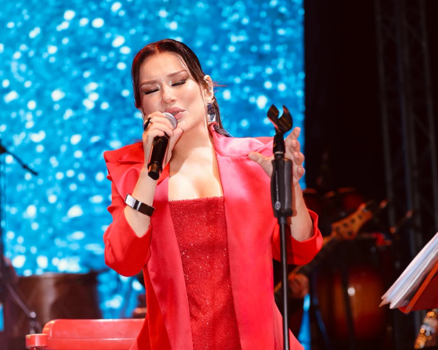 Deniz Seki konserde şarkı söylerken