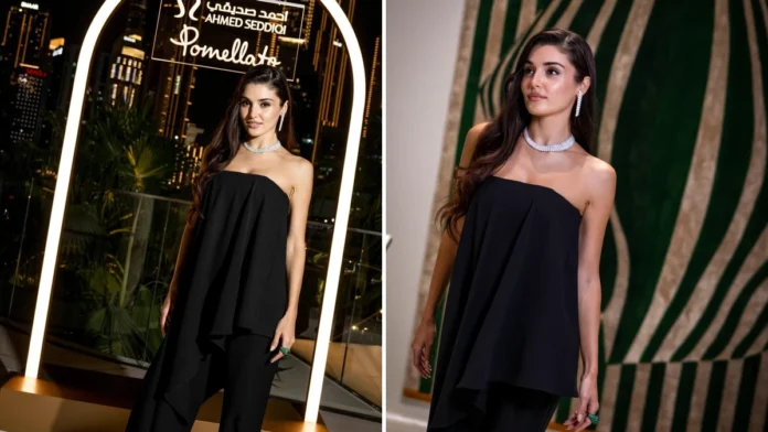 Hande Erçel Pomellato Dubai etkinliğinde siyah straplez kombiniyle